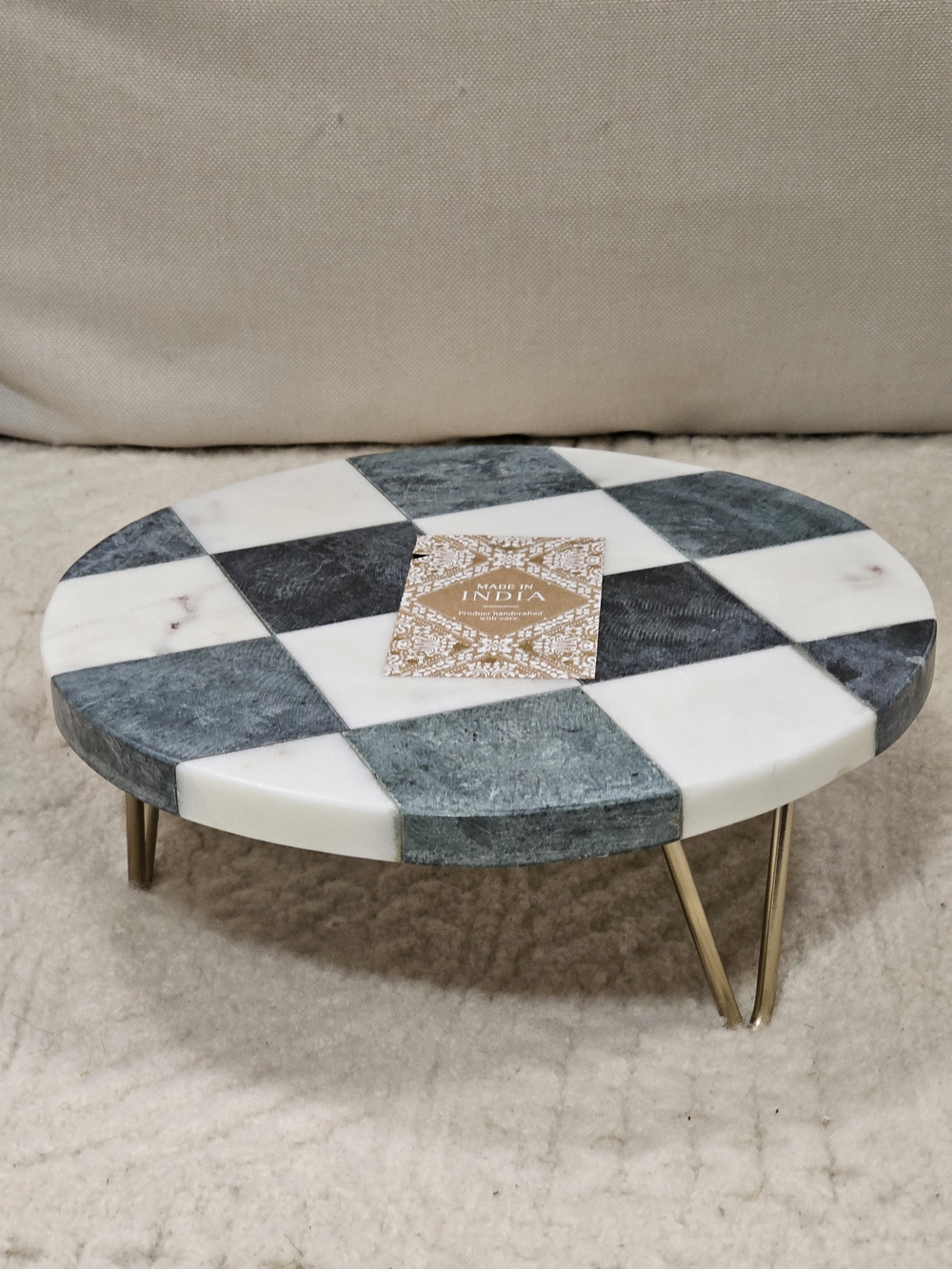 Checkerboard Marble Accent Stand with Brass Legs - White & Gray 9"
